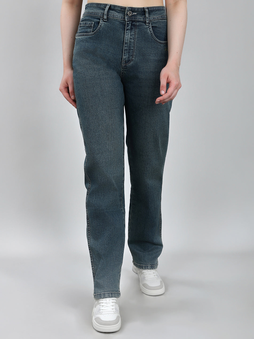 Jeans de mezclilla azules lisos de corte recto para mujer