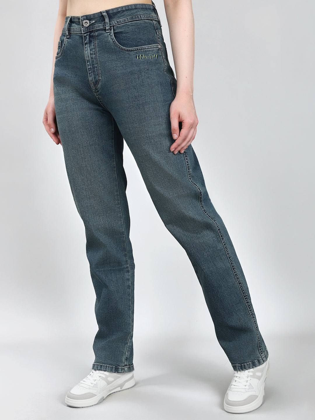 Jeans de mezclilla azules lisos de corte recto para mujer
