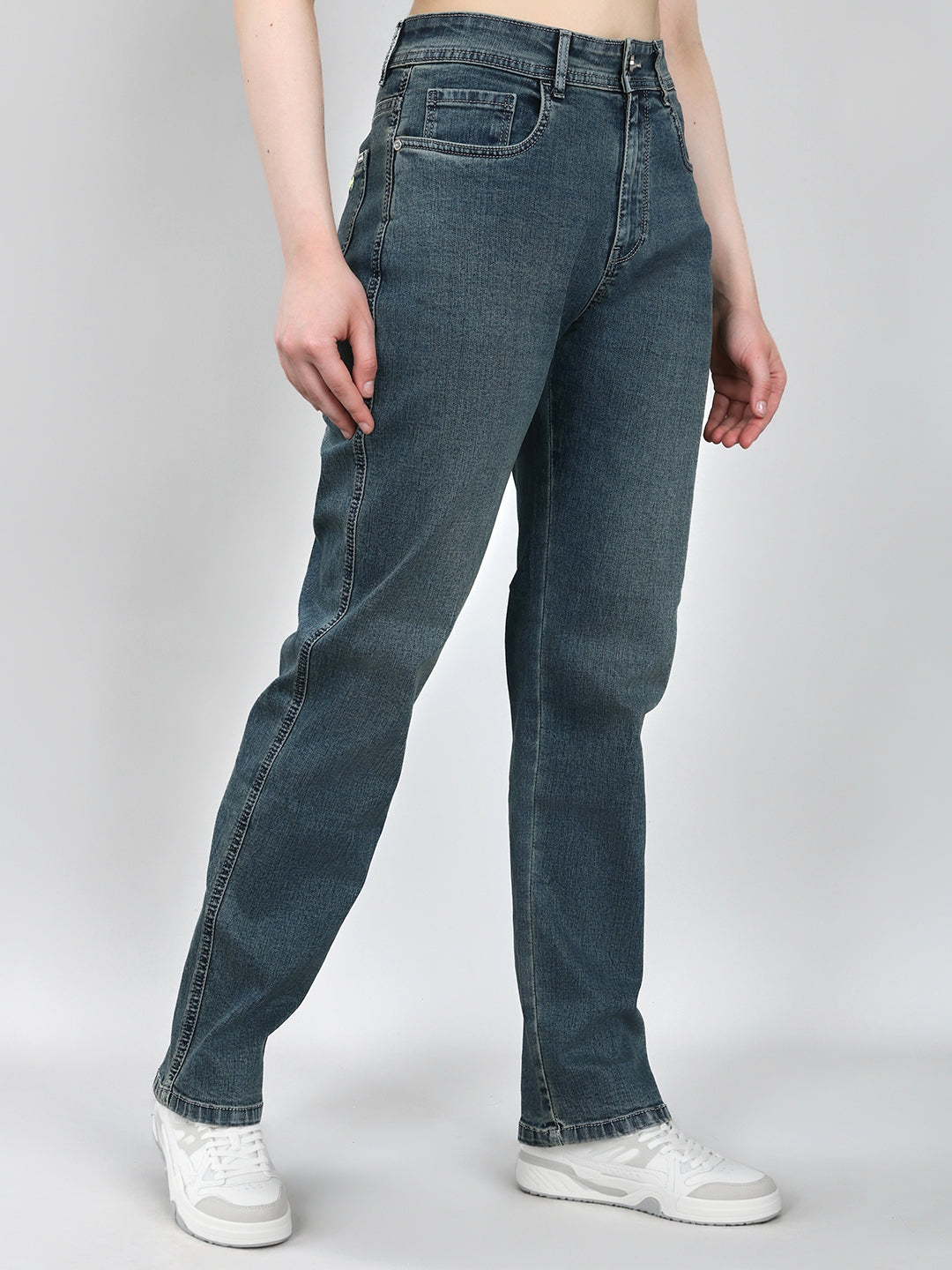 Jeans de mezclilla azules lisos de corte recto para mujer