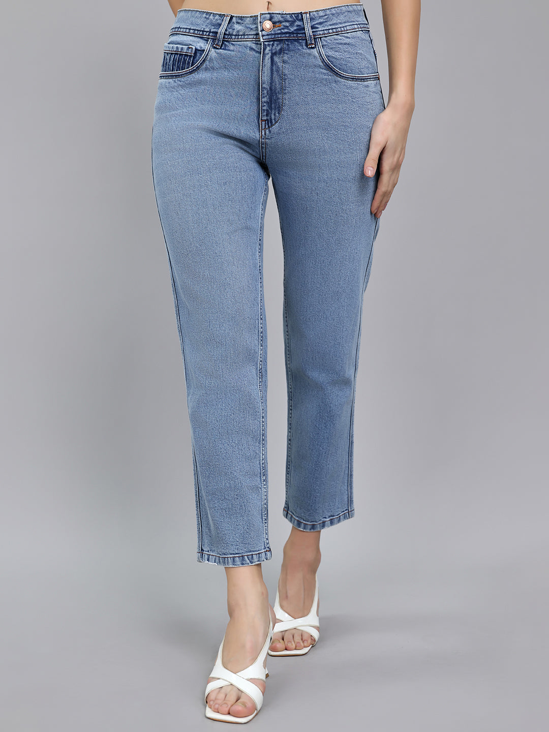 Jeans de mezclilla de pierna recta para mujer, azul claro y de lavado claro