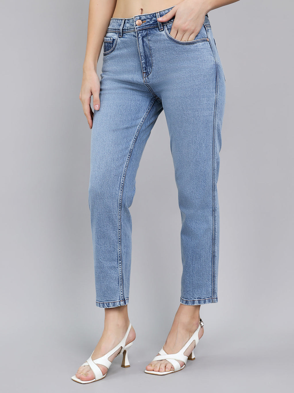Jeans de mezclilla de pierna recta para mujer, azul claro y de lavado claro