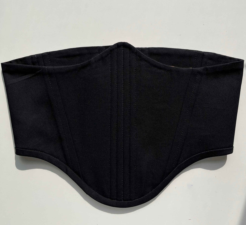 Cinturón reversible tipo corsé de sarga y damasco negros