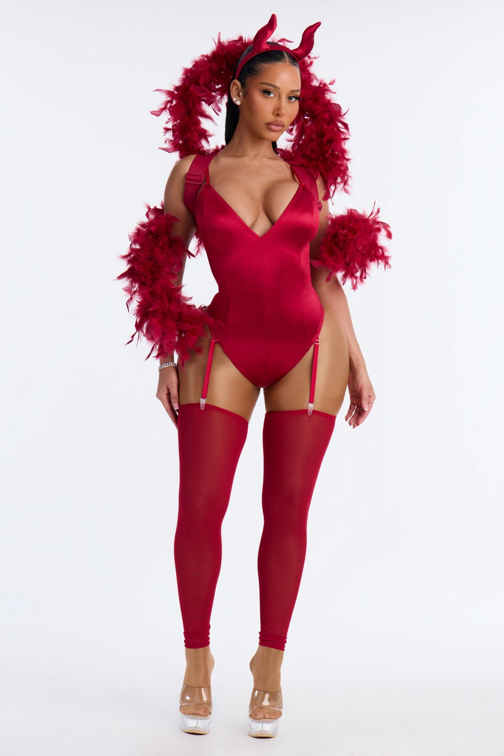Conjunto de disfraz rojo de 4 piezas, pecaminosamente sexy