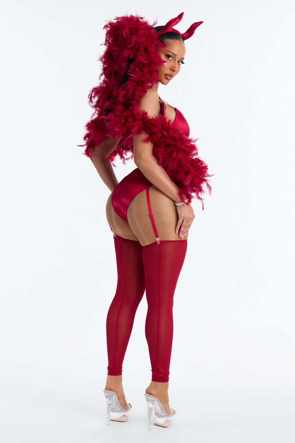 Conjunto de disfraz rojo de 4 piezas, pecaminosamente sexy