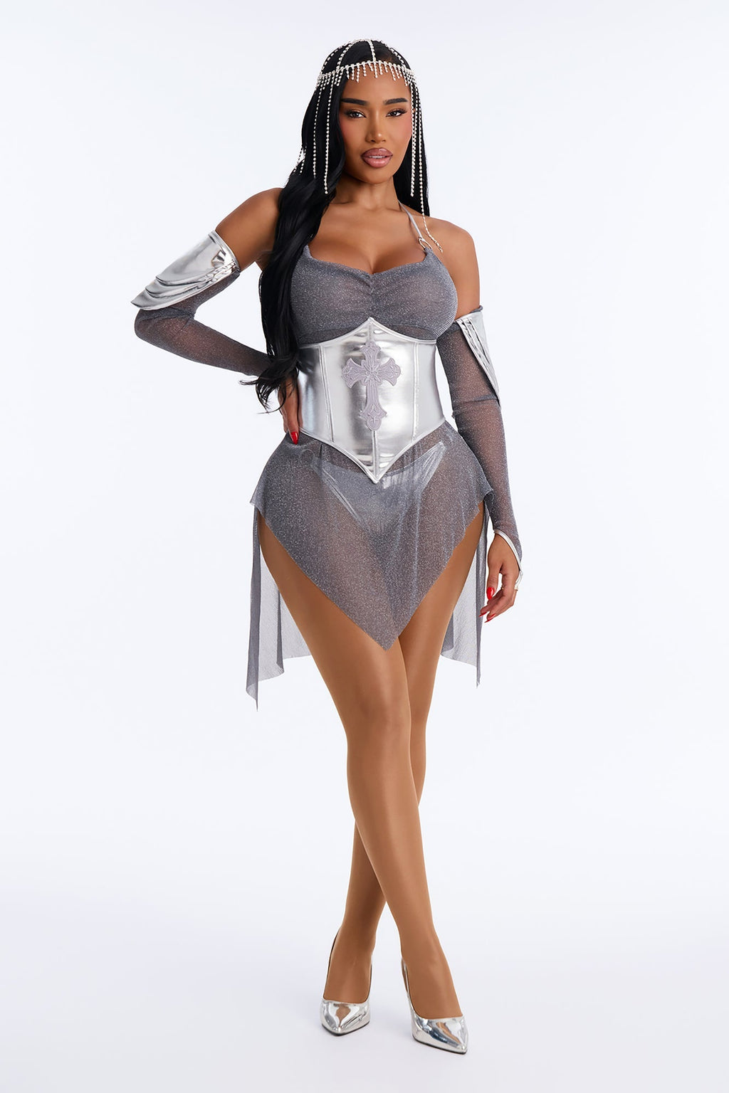 Disfraz de diosa con armadura plateada
