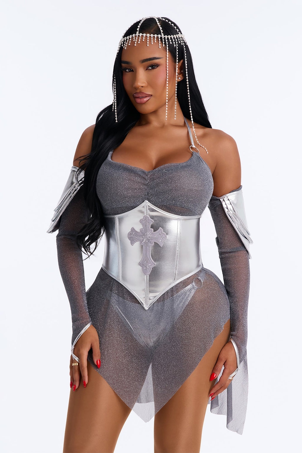 Disfraz de diosa con armadura plateada