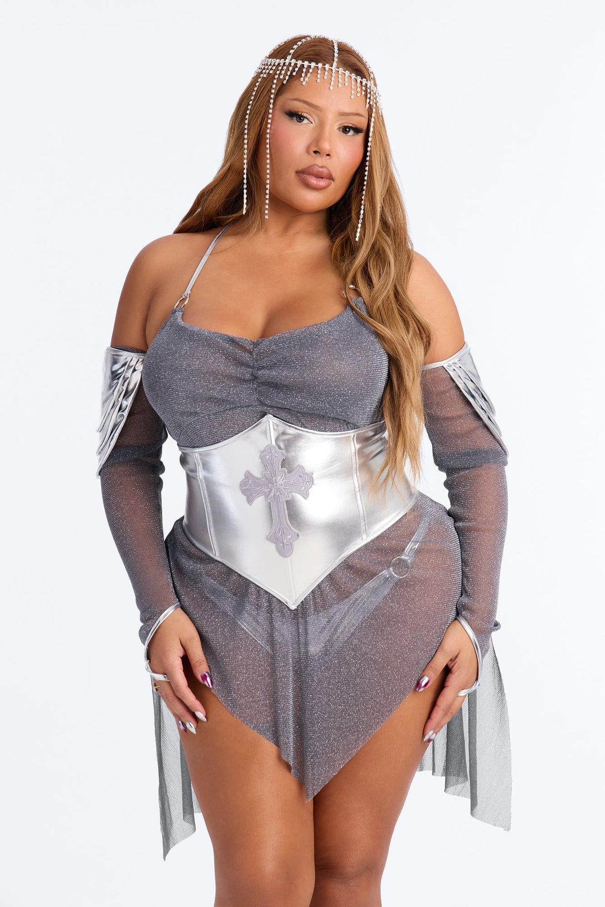Disfraz de diosa con armadura plateada