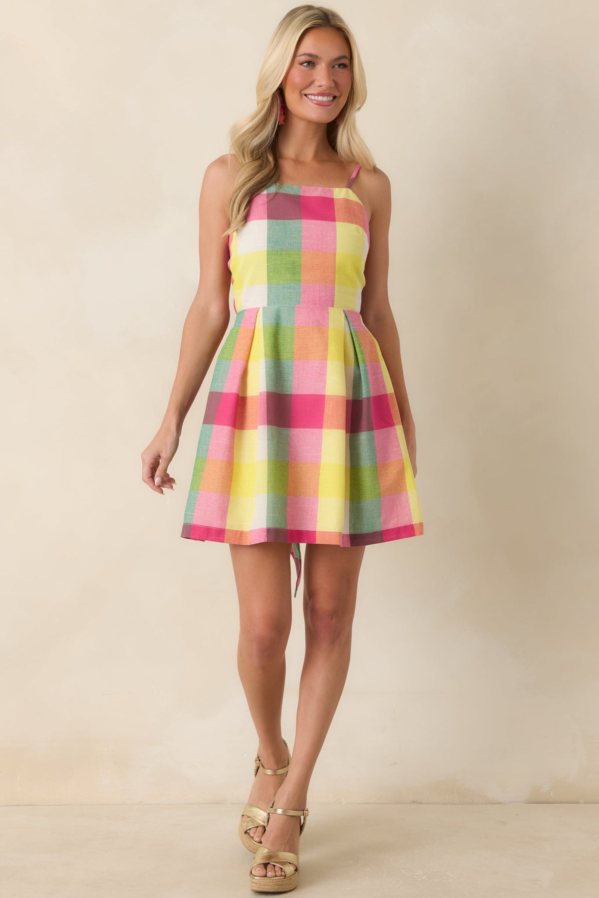 Vestido mini de algodón a cuadros multicolor rosa Prosperina Cora
