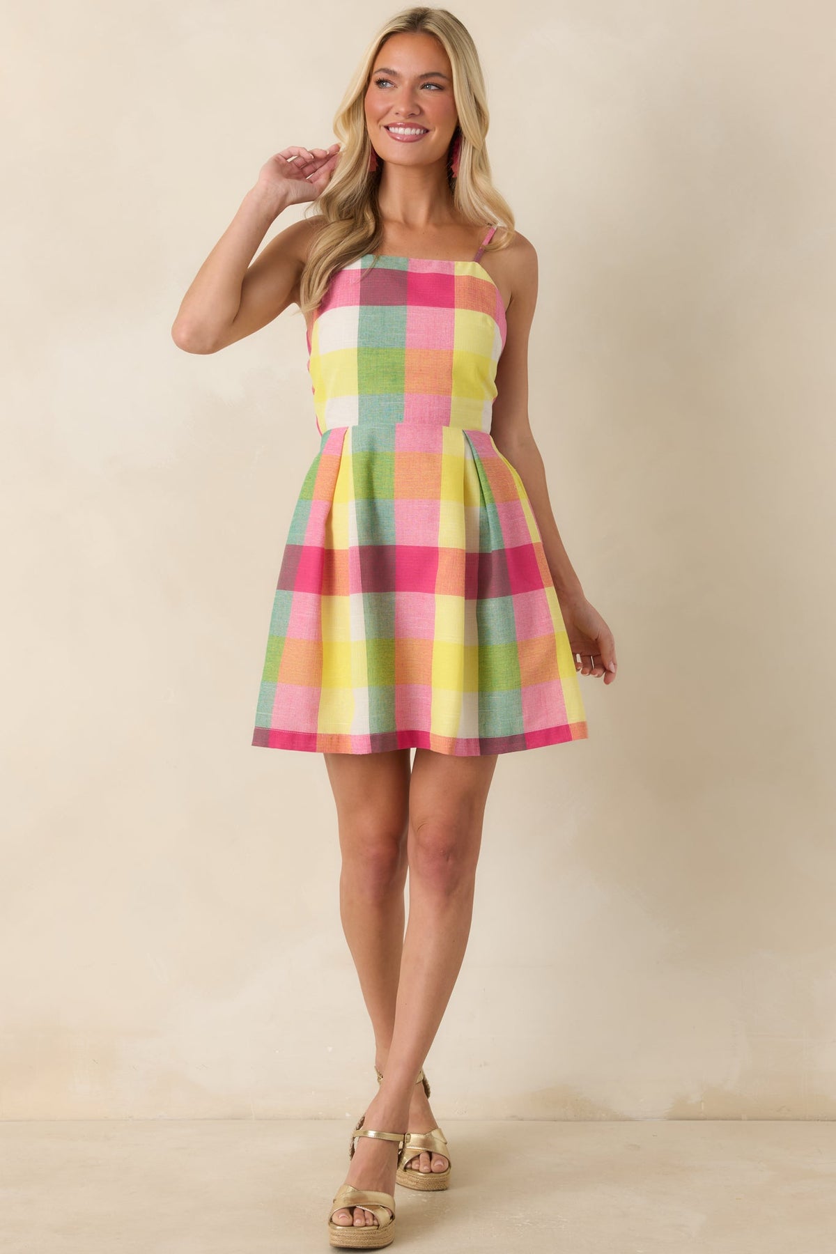 Vestido mini de algodón a cuadros multicolor rosa Prosperina Cora