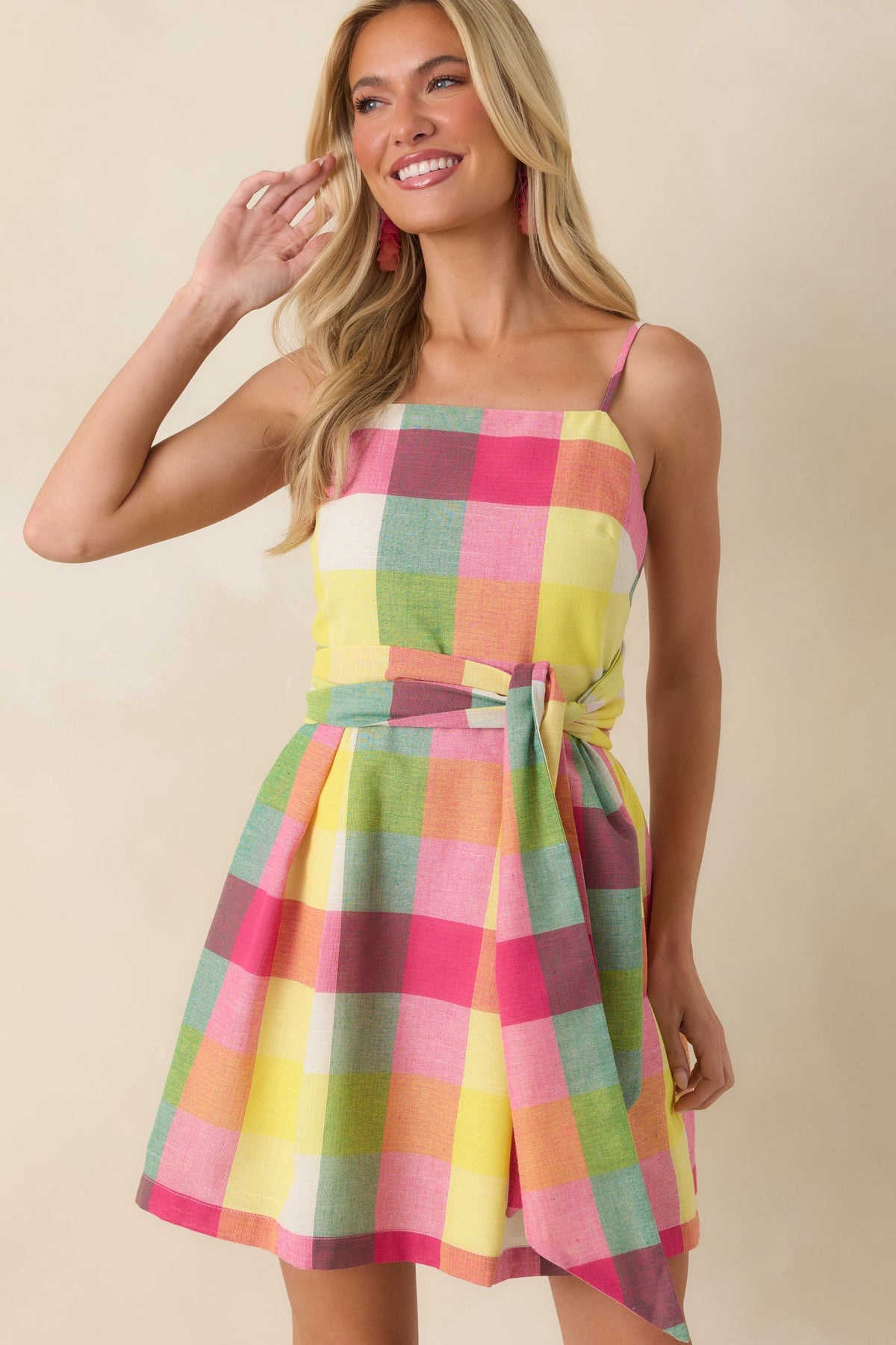 Vestido mini de algodón a cuadros multicolor rosa Prosperina Cora