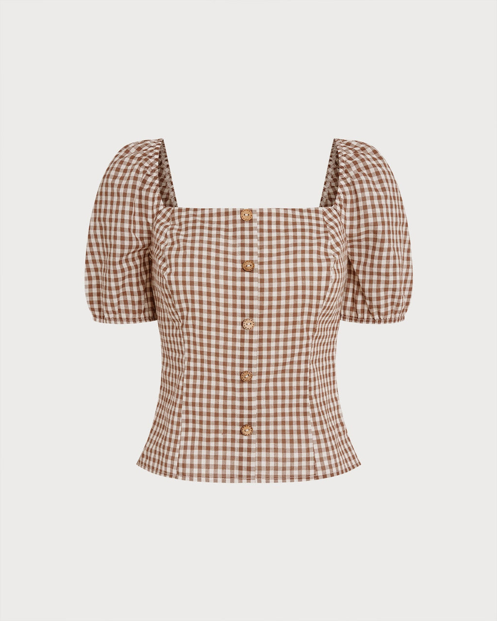 Blusa marrón de cuadros con mangas abullonadas