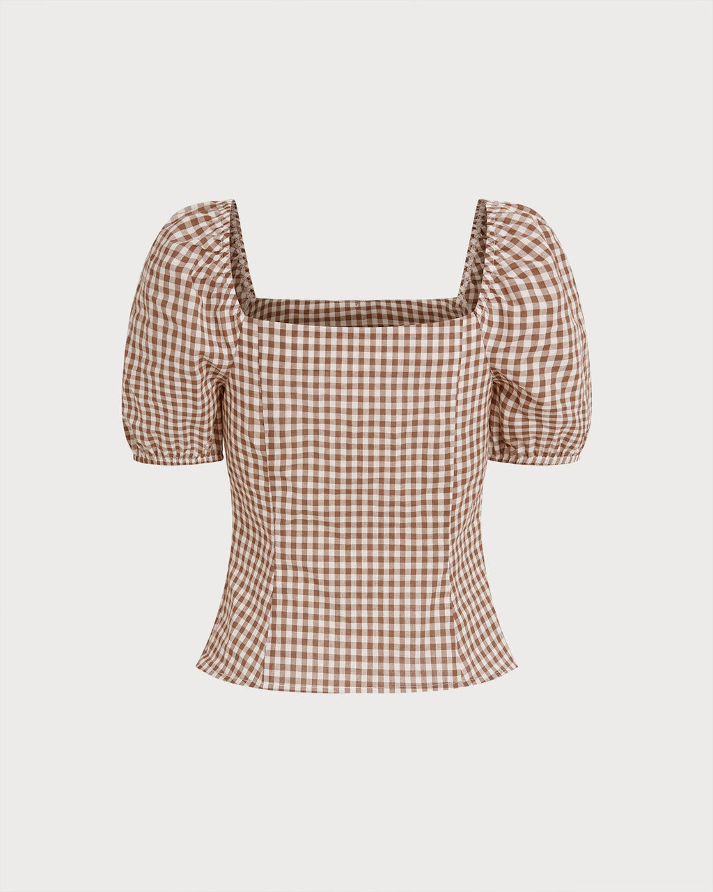 Blusa marrón de cuadros con mangas abullonadas