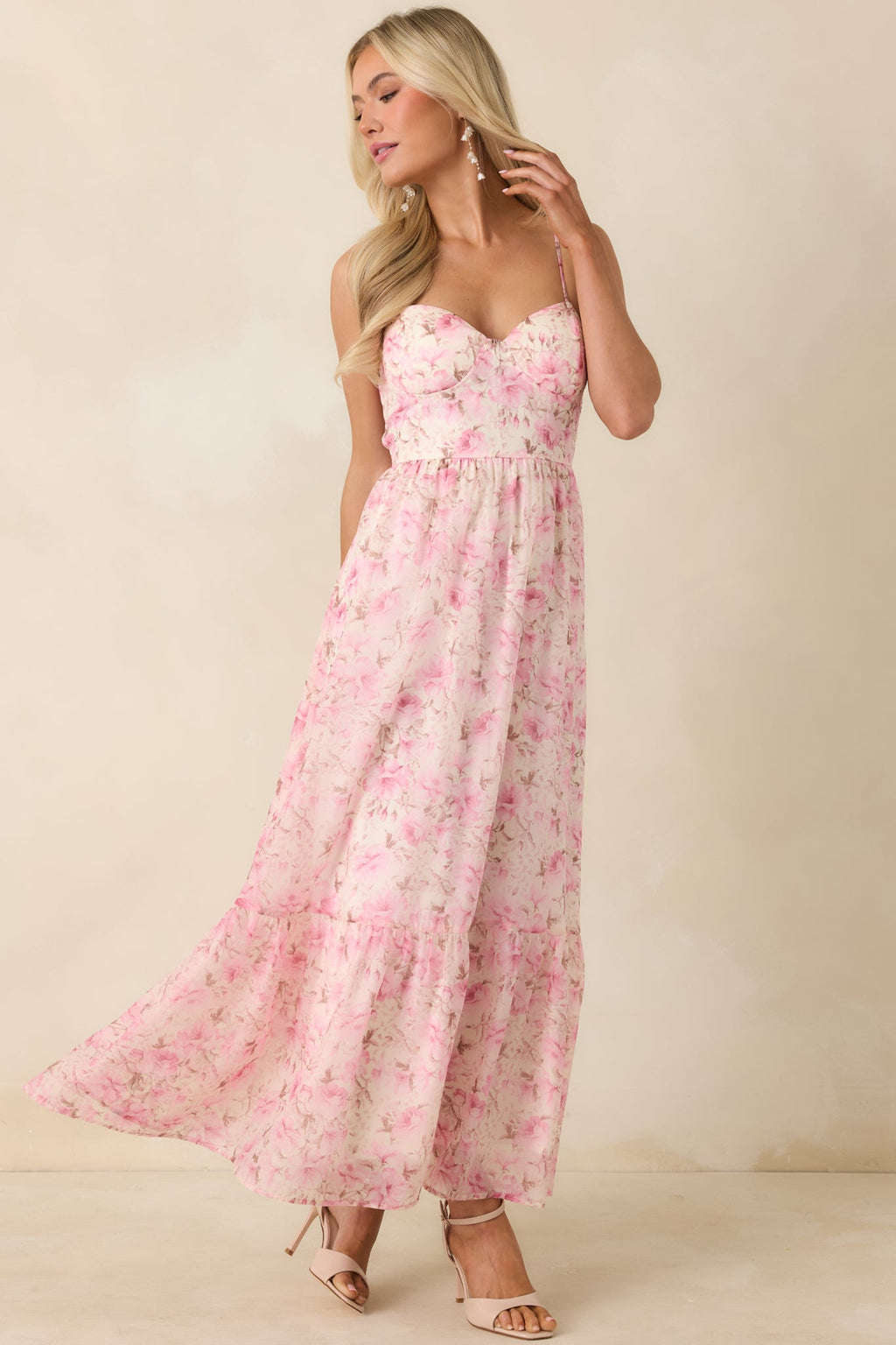 Vestido maxi romántico rosa floral con bustier Love Me Softly