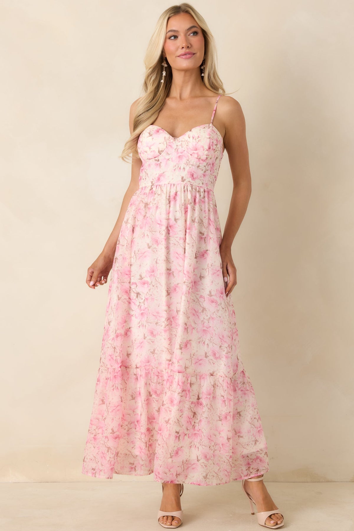 Vestido maxi romántico rosa floral con bustier Love Me Softly