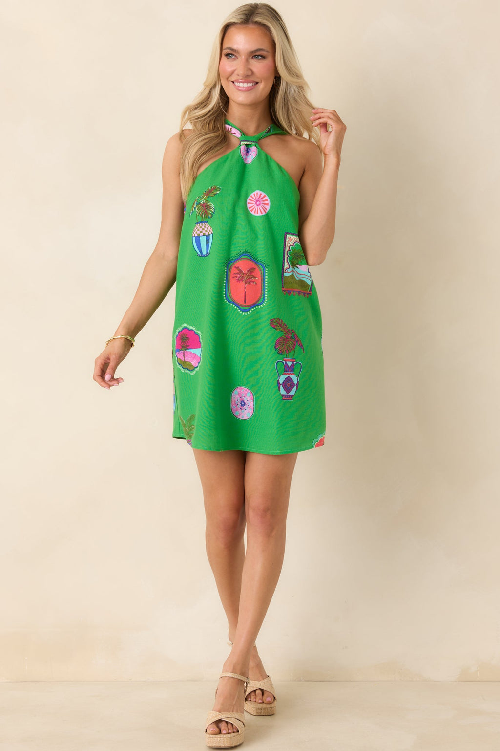 Catching Waves Vestido mini halter verde Paraíso Tropical con lazo en la espalda