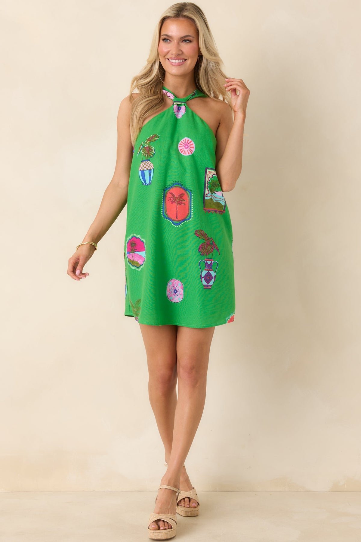 Catching Waves Vestido mini halter verde Paraíso Tropical con lazo en la espalda