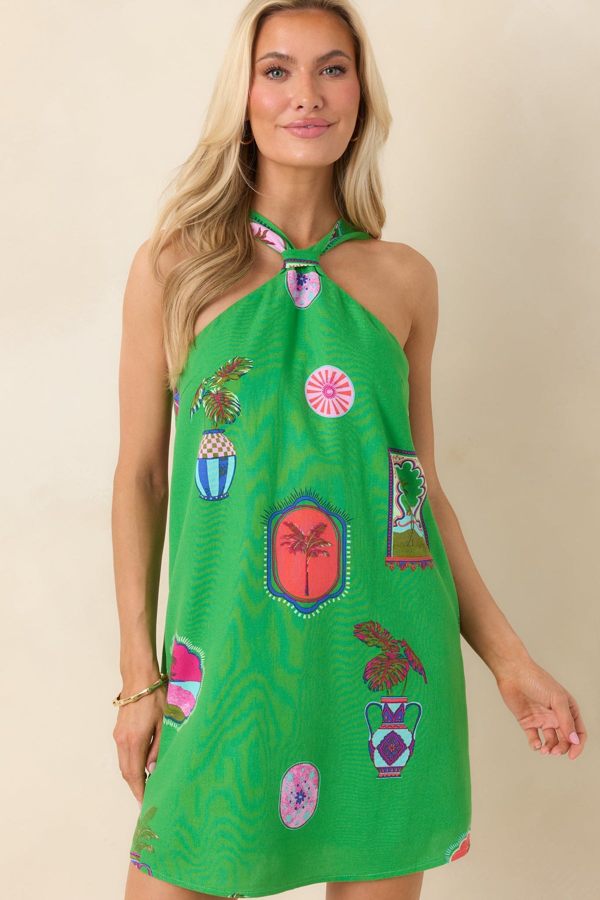 Catching Waves Vestido mini halter verde Paraíso Tropical con lazo en la espalda