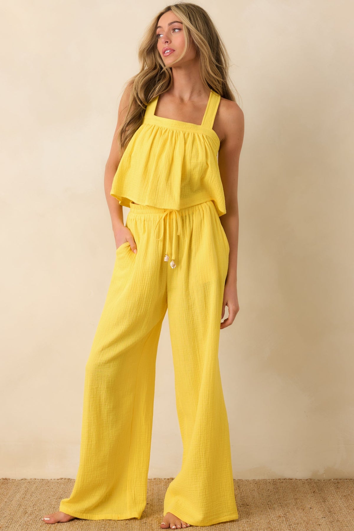 Paradisa Calor Camiseta de tirantes acampanada de algodón amarilla para mujer