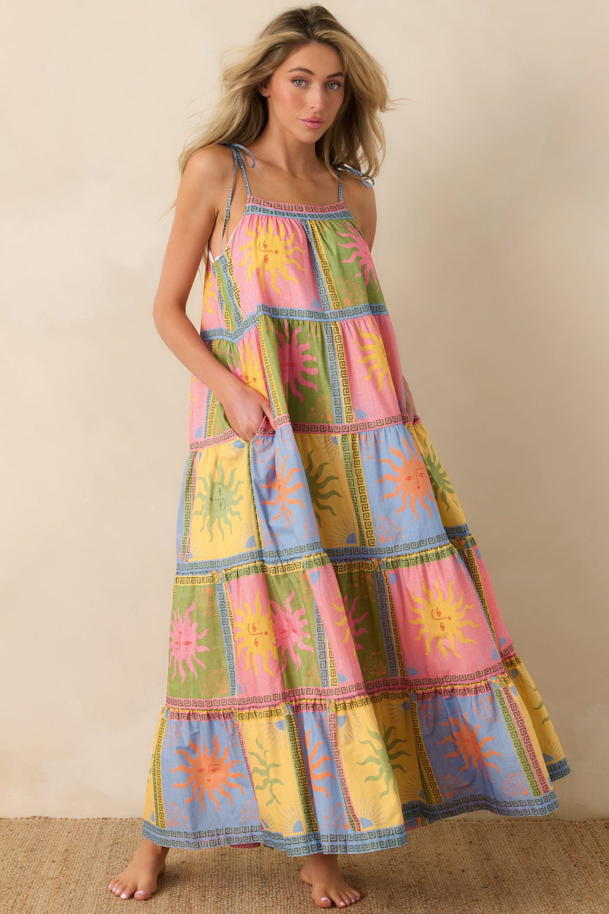 Vestido maxi Paradisa Kiawah de voile de algodón multicolor con estampado de sol