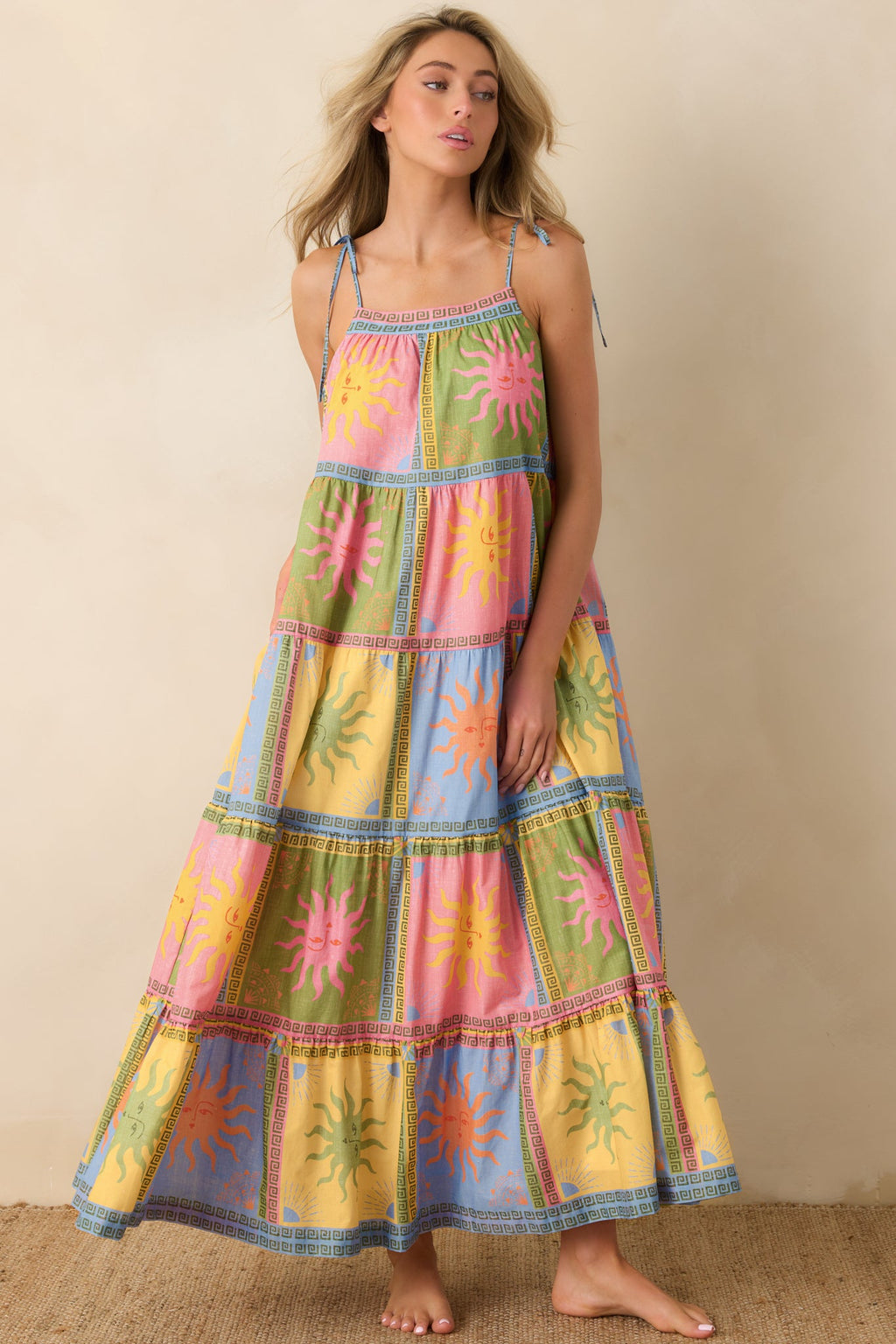 Vestido maxi Paradisa Kiawah de voile de algodón multicolor con estampado de sol
