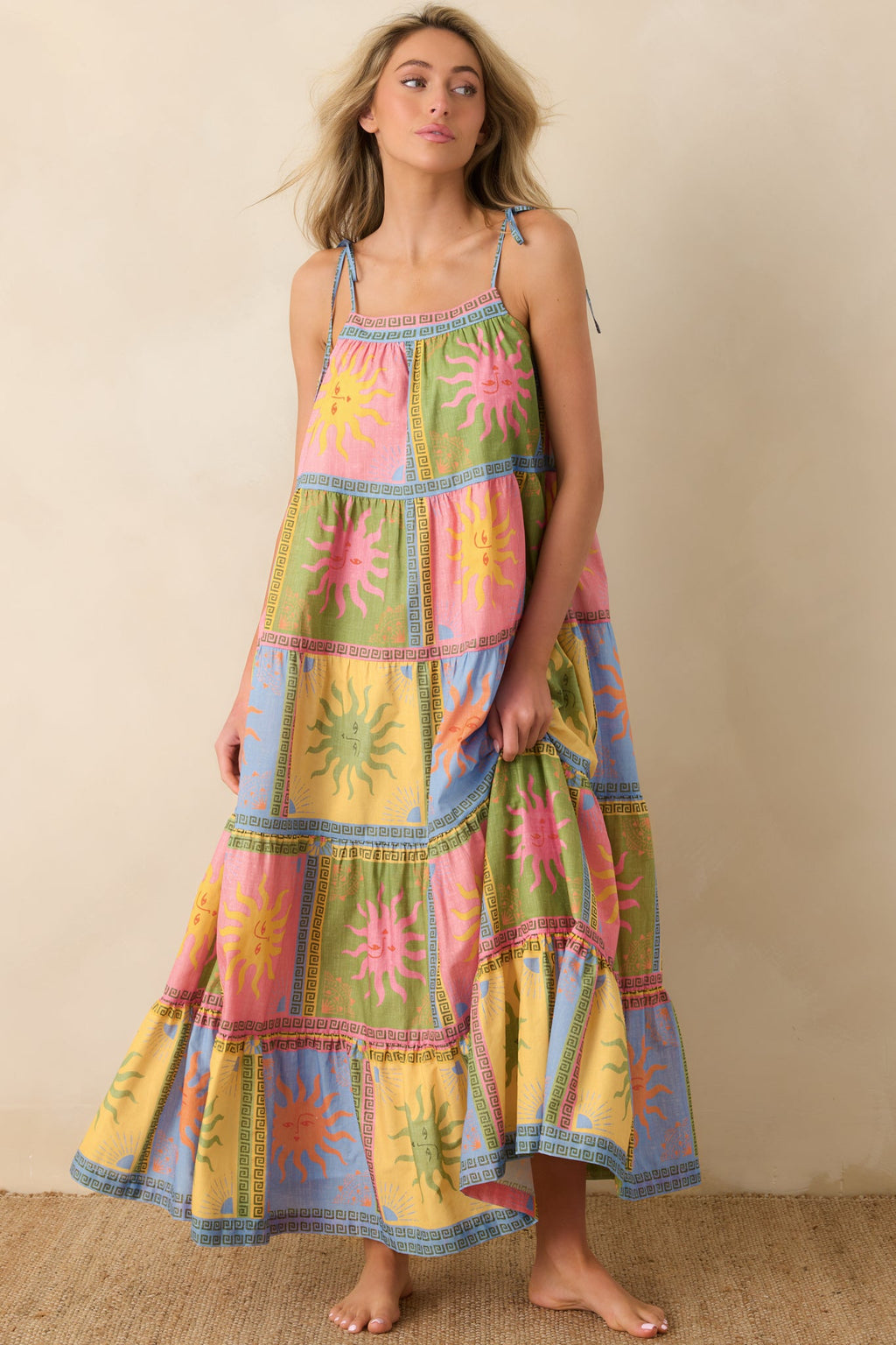 Vestido maxi Paradisa Kiawah de voile de algodón multicolor con estampado de sol