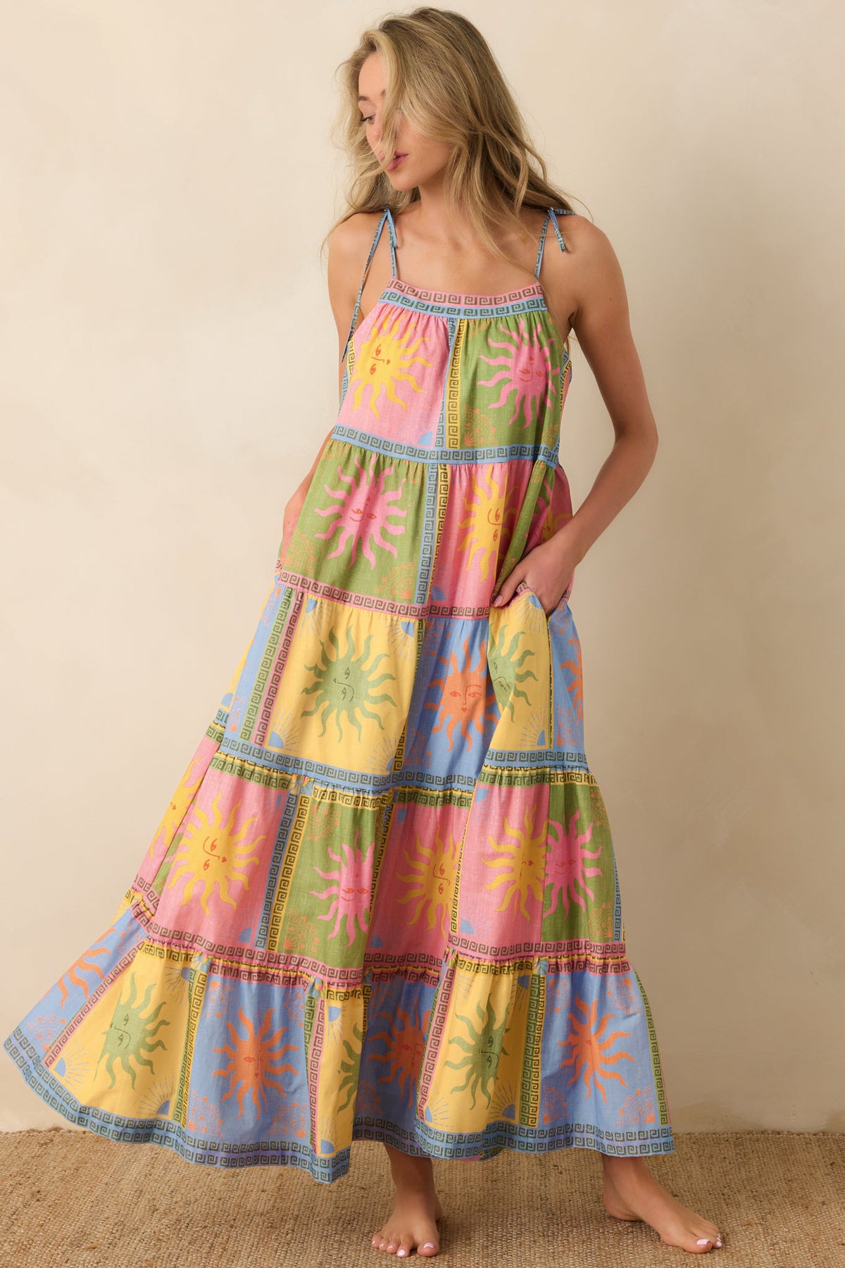 Vestido maxi Paradisa Kiawah de voile de algodón multicolor con estampado de sol