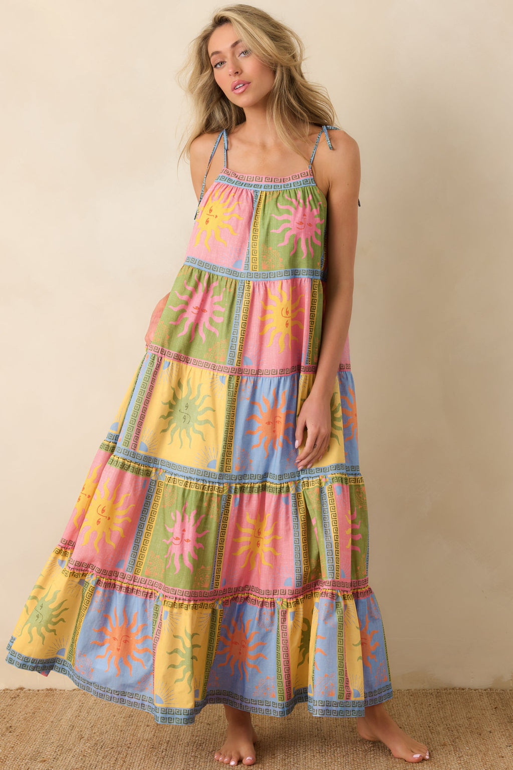 Vestido maxi Paradisa Kiawah de voile de algodón multicolor con estampado de sol