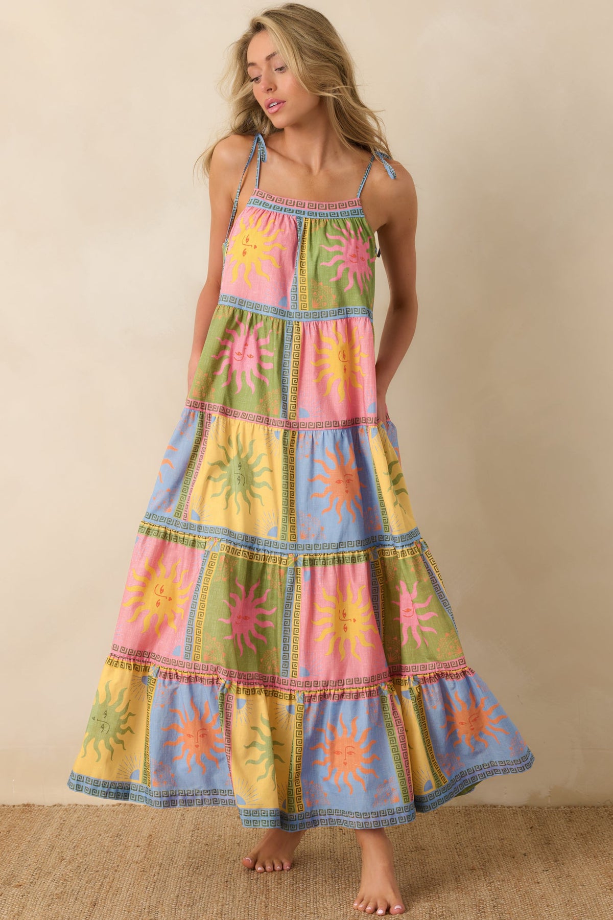 Vestido maxi Paradisa Kiawah de voile de algodón multicolor con estampado de sol
