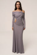 Vestido largo gris con detalles dorados
