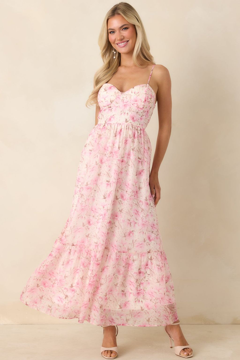 Vestido maxi romántico rosa floral con bustier Love Me Softly