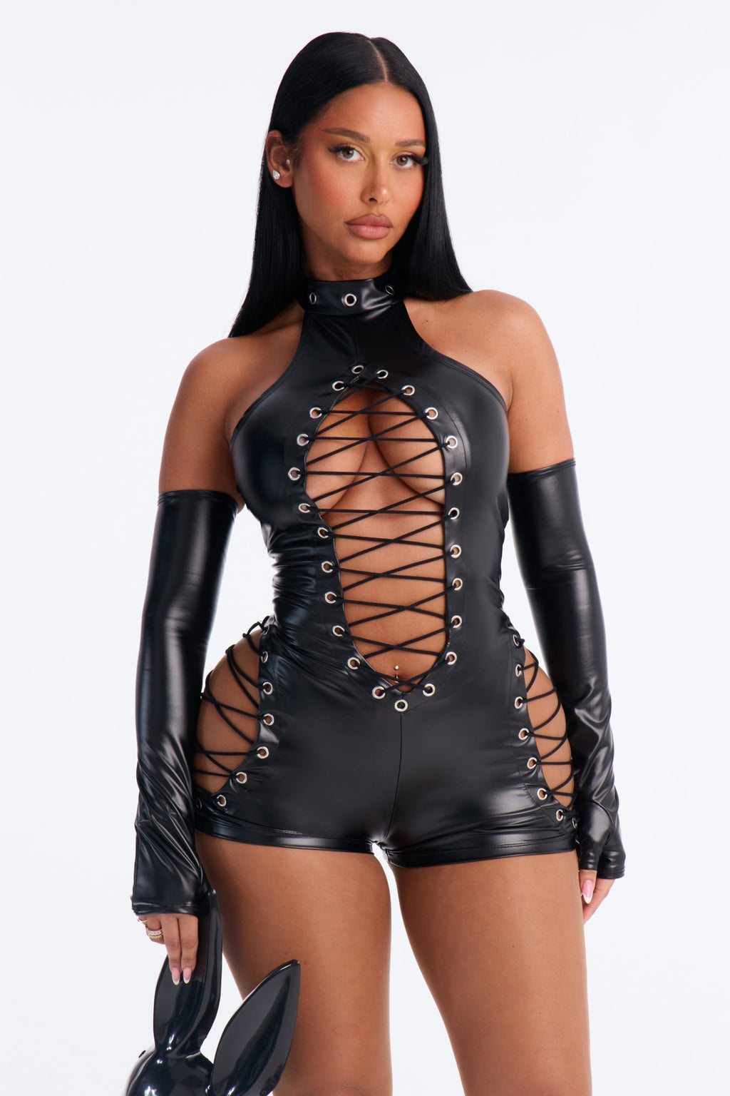 Disfraz de Halloween de conejita prohibida de 3 piezas – Negro