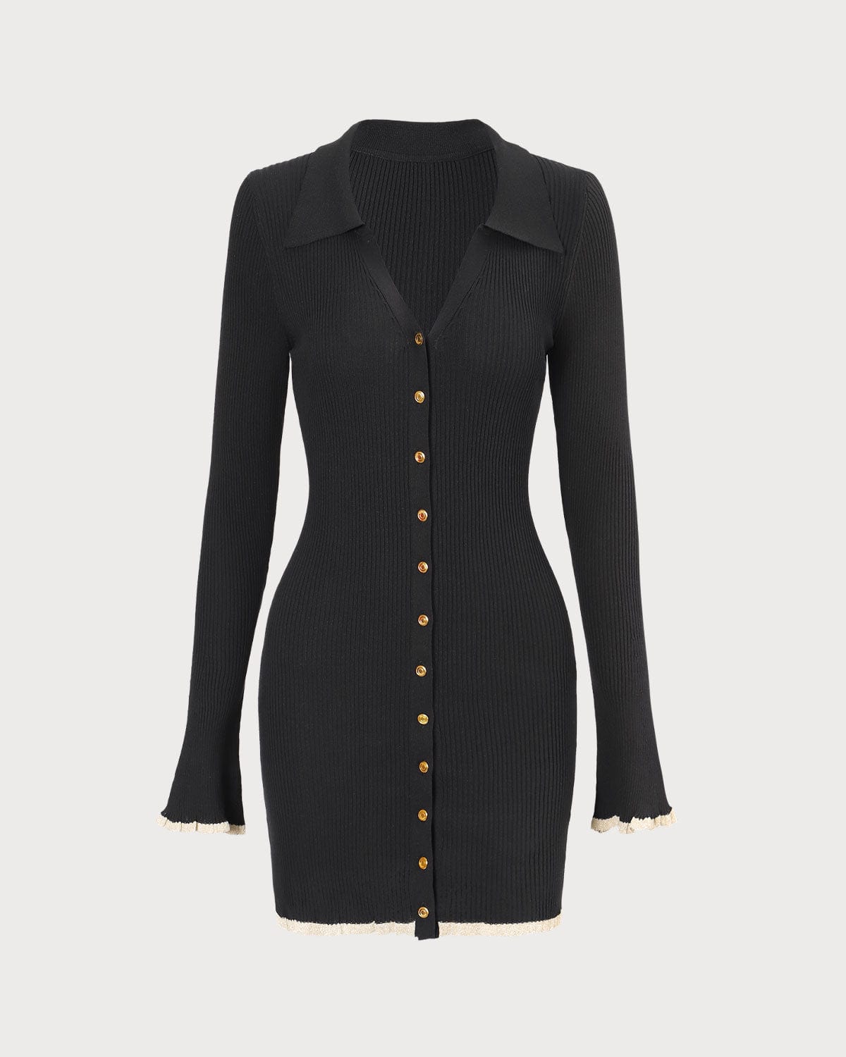 Vestido mini de punto negro con escote en V y ribete en contraste