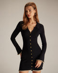 Vestido mini de punto negro con escote en V y ribete en contraste