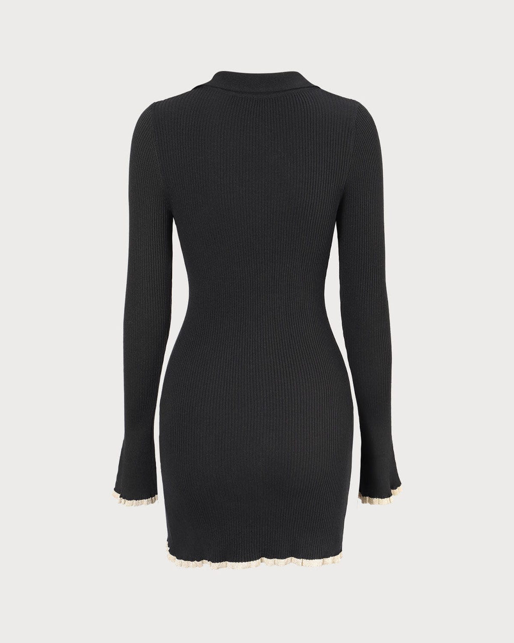 Vestido mini de punto negro con escote en V y ribete en contraste