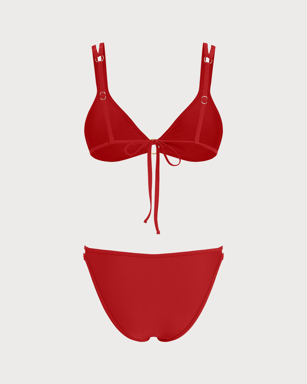 Conjunto de bikini triangular rojo con anillas en O – traje de baño elegante de dos piezas