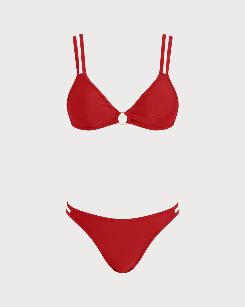 Conjunto de bikini triangular rojo con anillas en O – traje de baño elegante de dos piezas