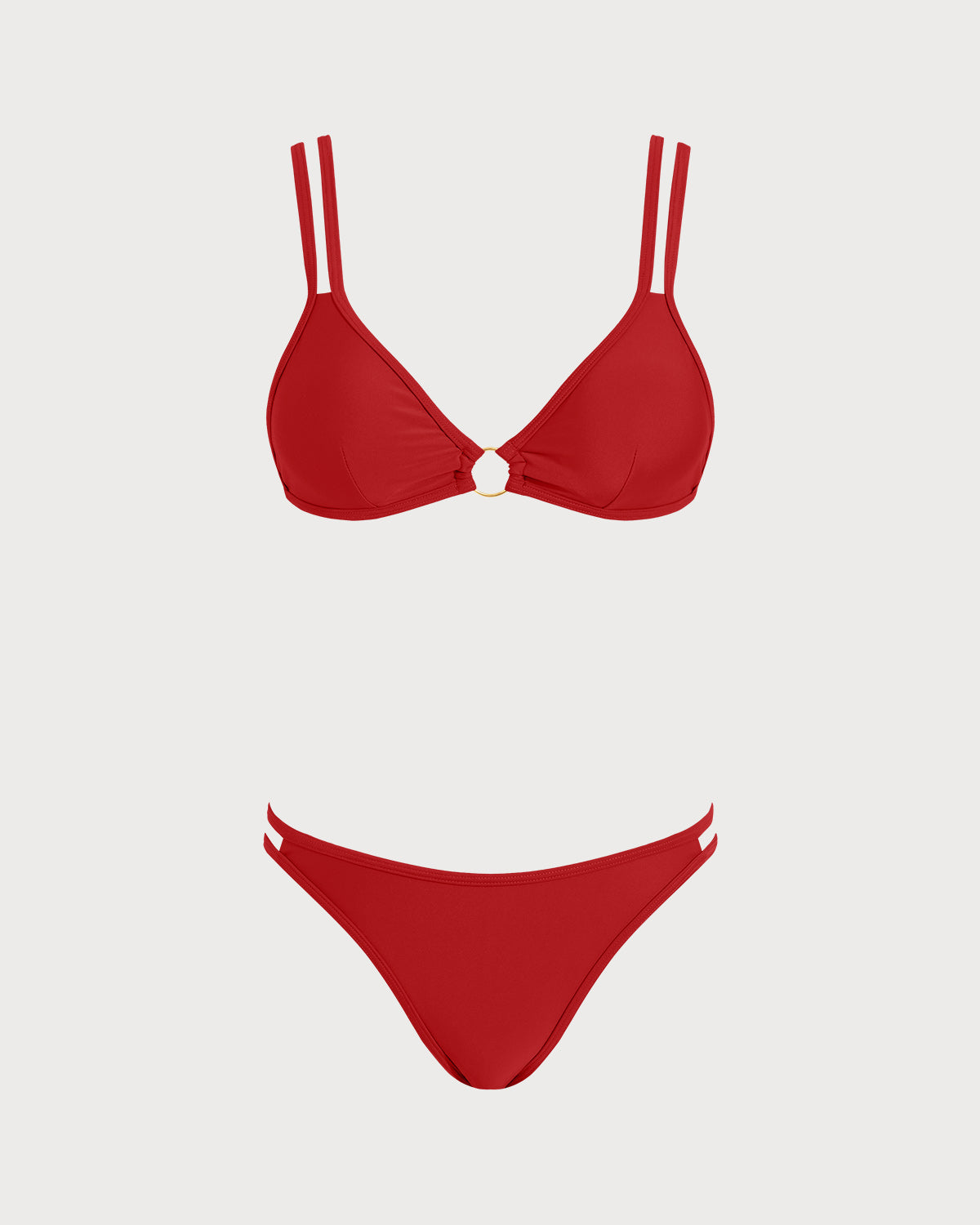 Conjunto de bikini triangular rojo con anillas en O – traje de baño elegante de dos piezas