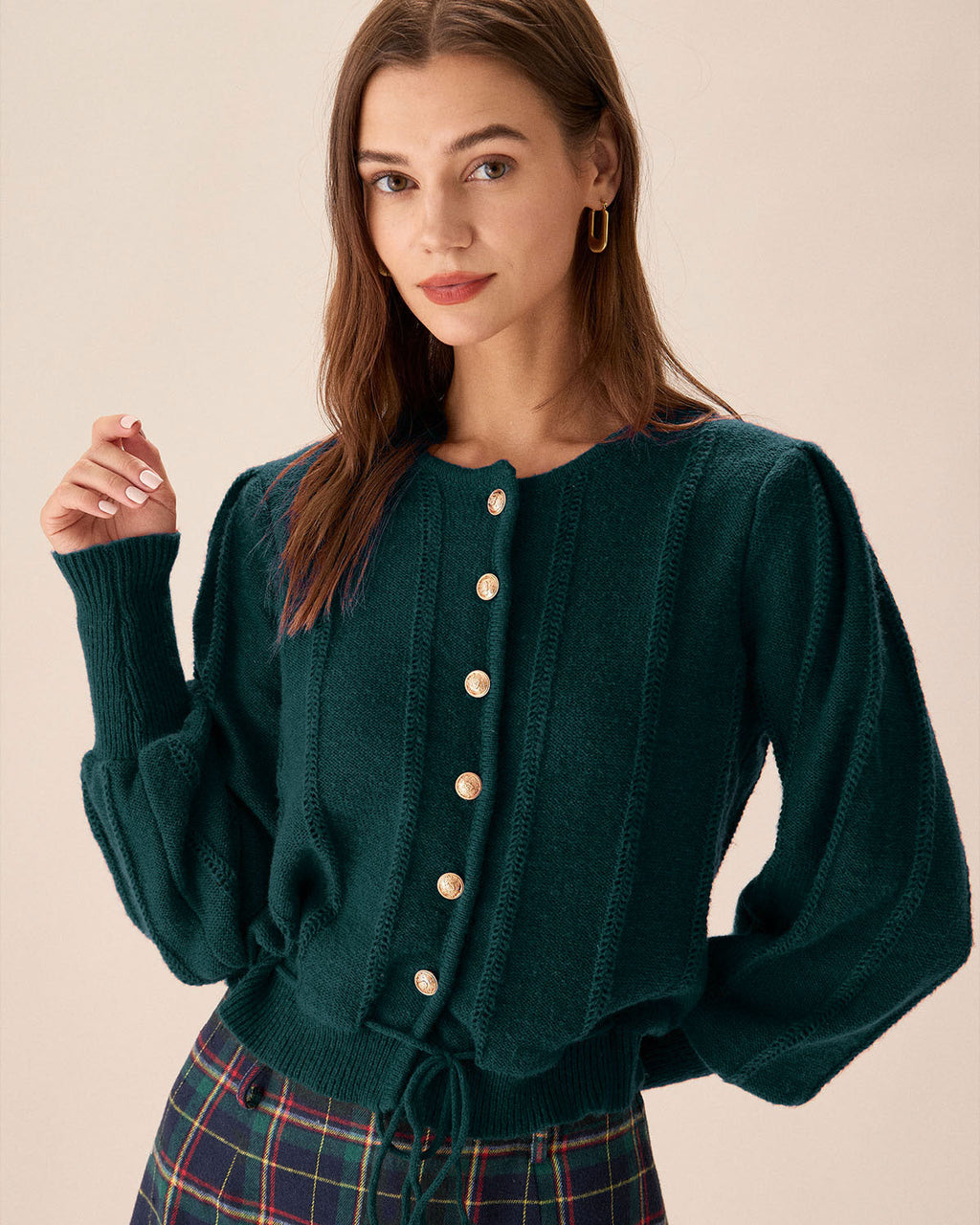 Elegante cárdigan de punto verde esmeralda con mangas de farol
