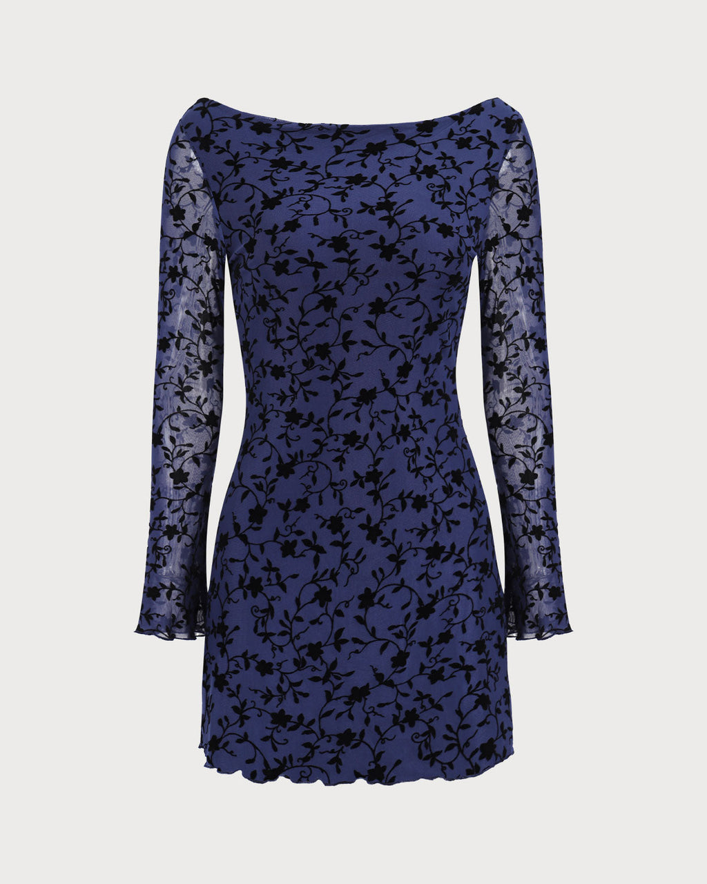 Vestido mini elegante azul transparente de manga larga para mujer