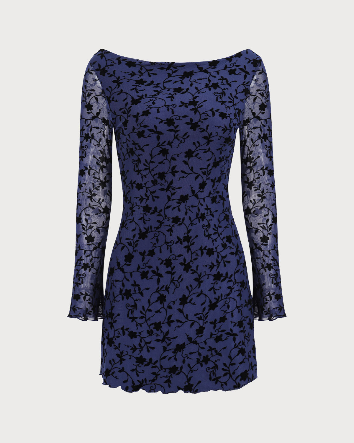 Vestido mini elegante azul transparente de manga larga para mujer
