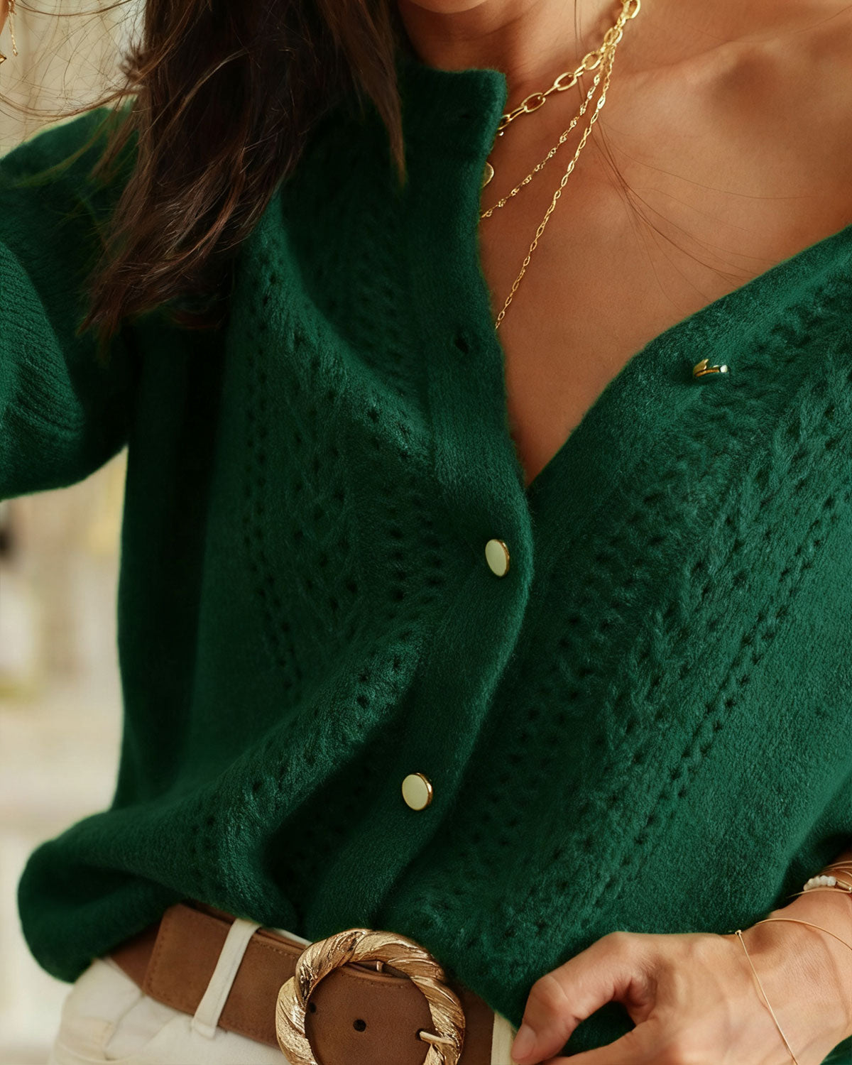 Cárdigan de punto verde elegante con cuello redondo