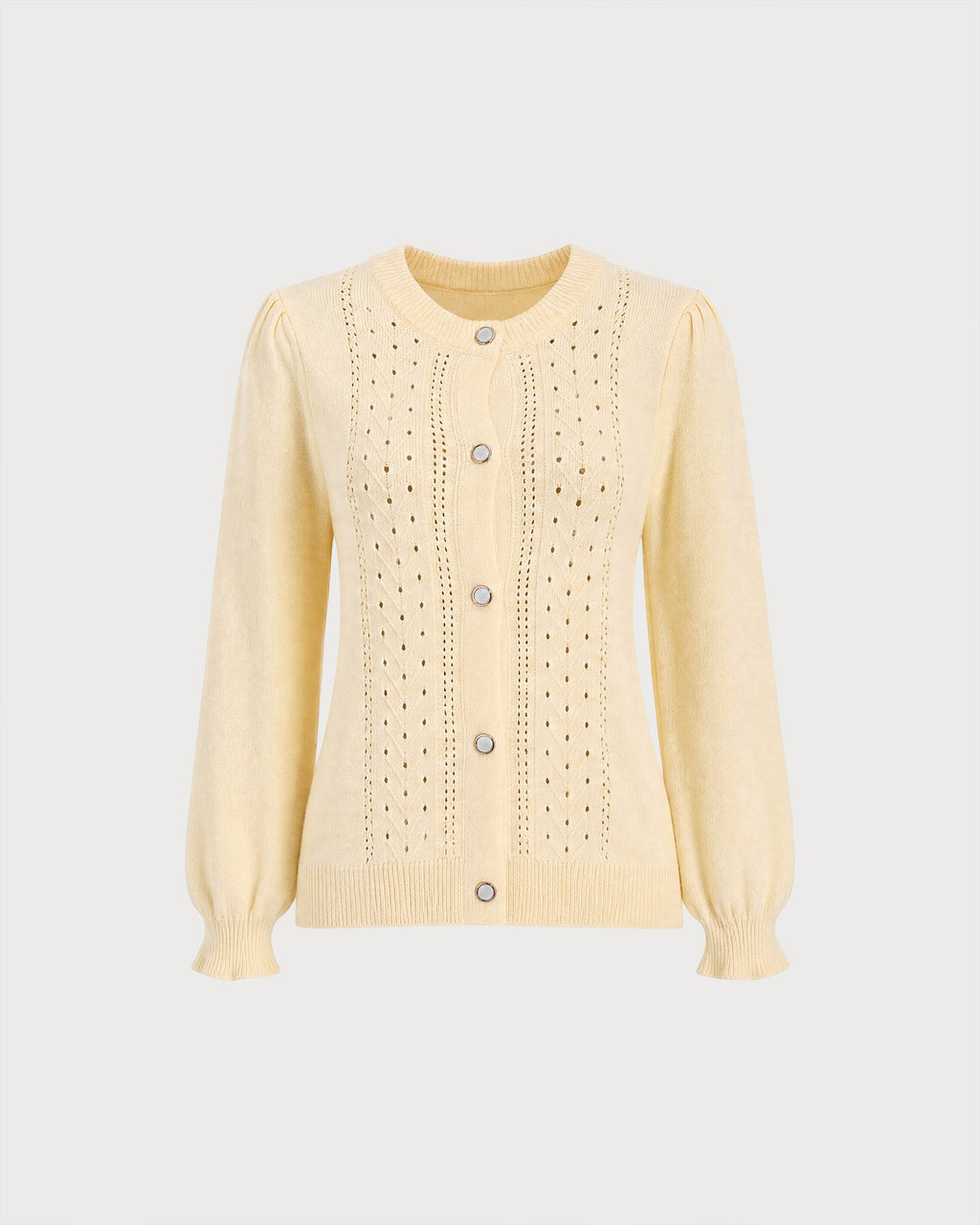 Cárdigan de punto amarillo con cuello redondo y largo hasta la cadera