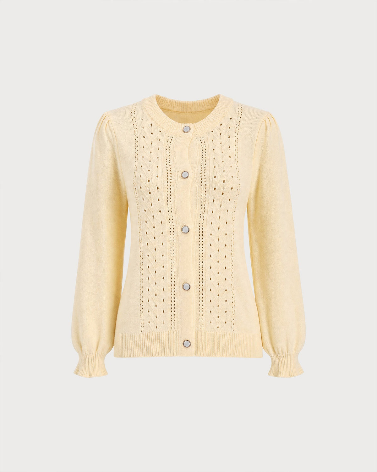 Cárdigan de punto amarillo con cuello redondo y largo hasta la cadera