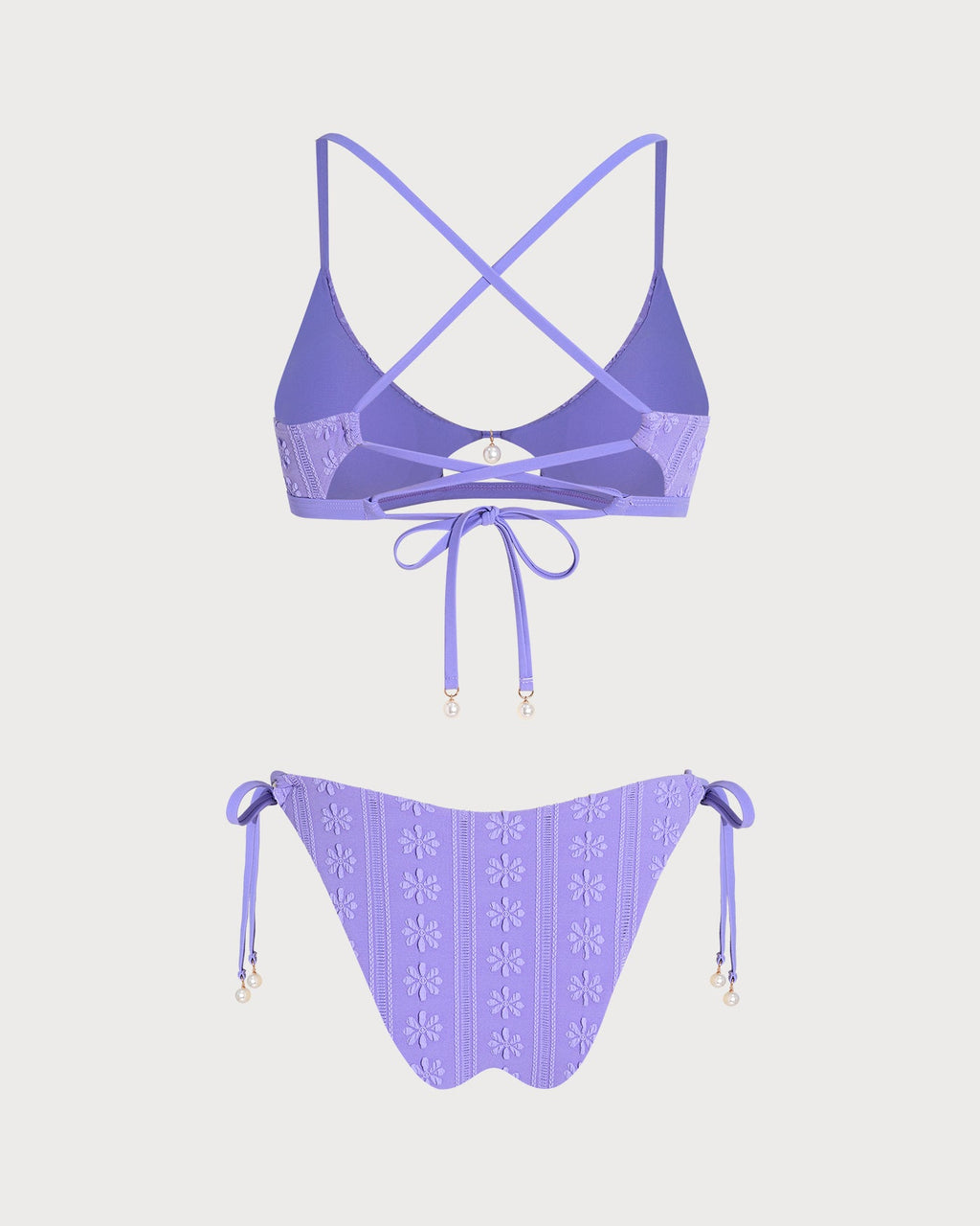 Conjunto de bikini morado con estampado floral, escote en U y cordón ajustable