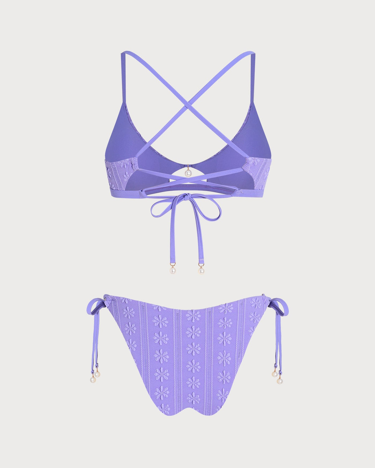 Conjunto de bikini morado con estampado floral, escote en U y cordón ajustable