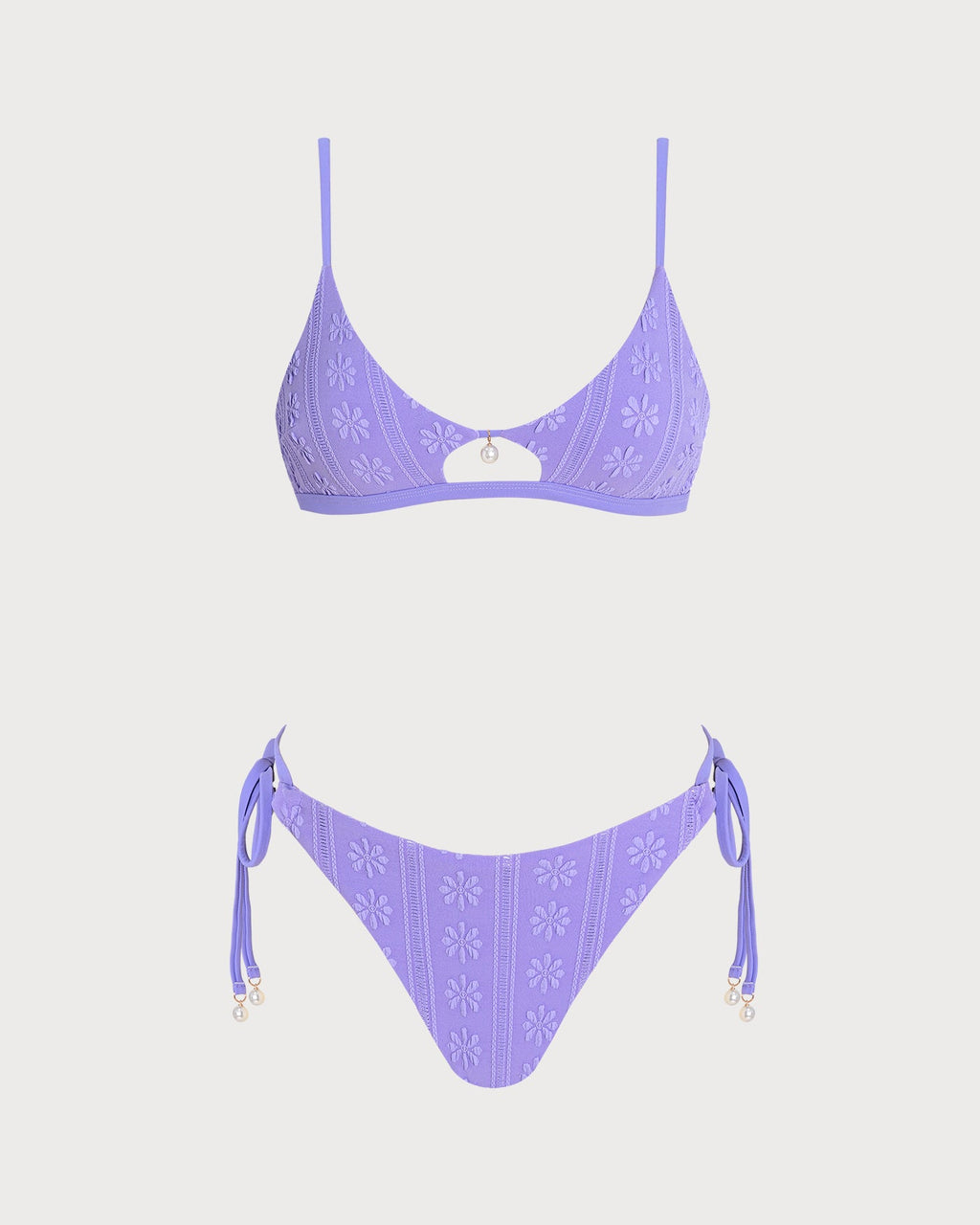 Conjunto de bikini morado con estampado floral, escote en U y cordón ajustable