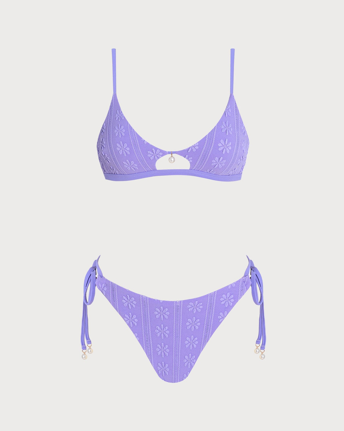 Conjunto de bikini morado con estampado floral, escote en U y cordón ajustable