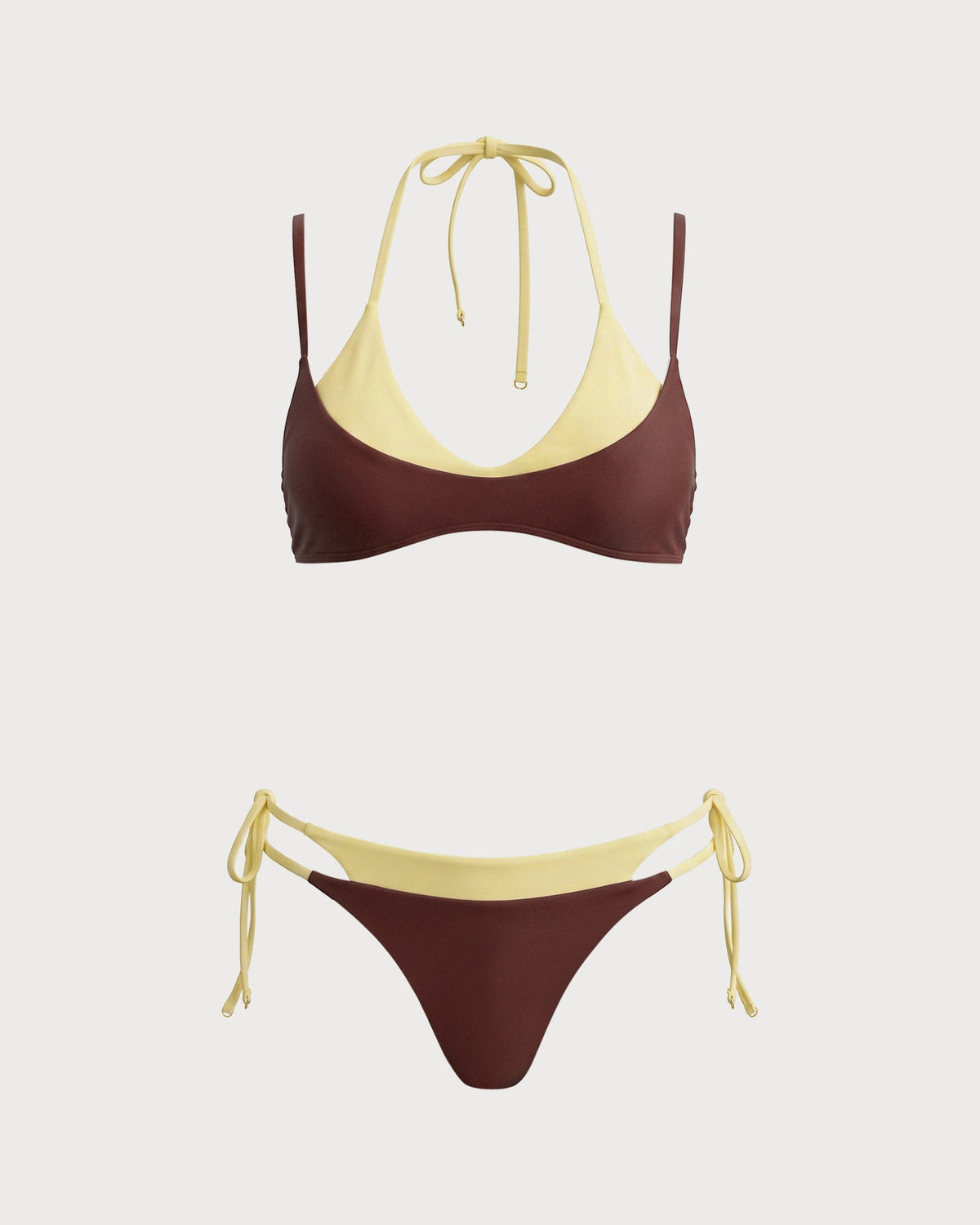 Conjunto de bikini triangular marrón con contraste