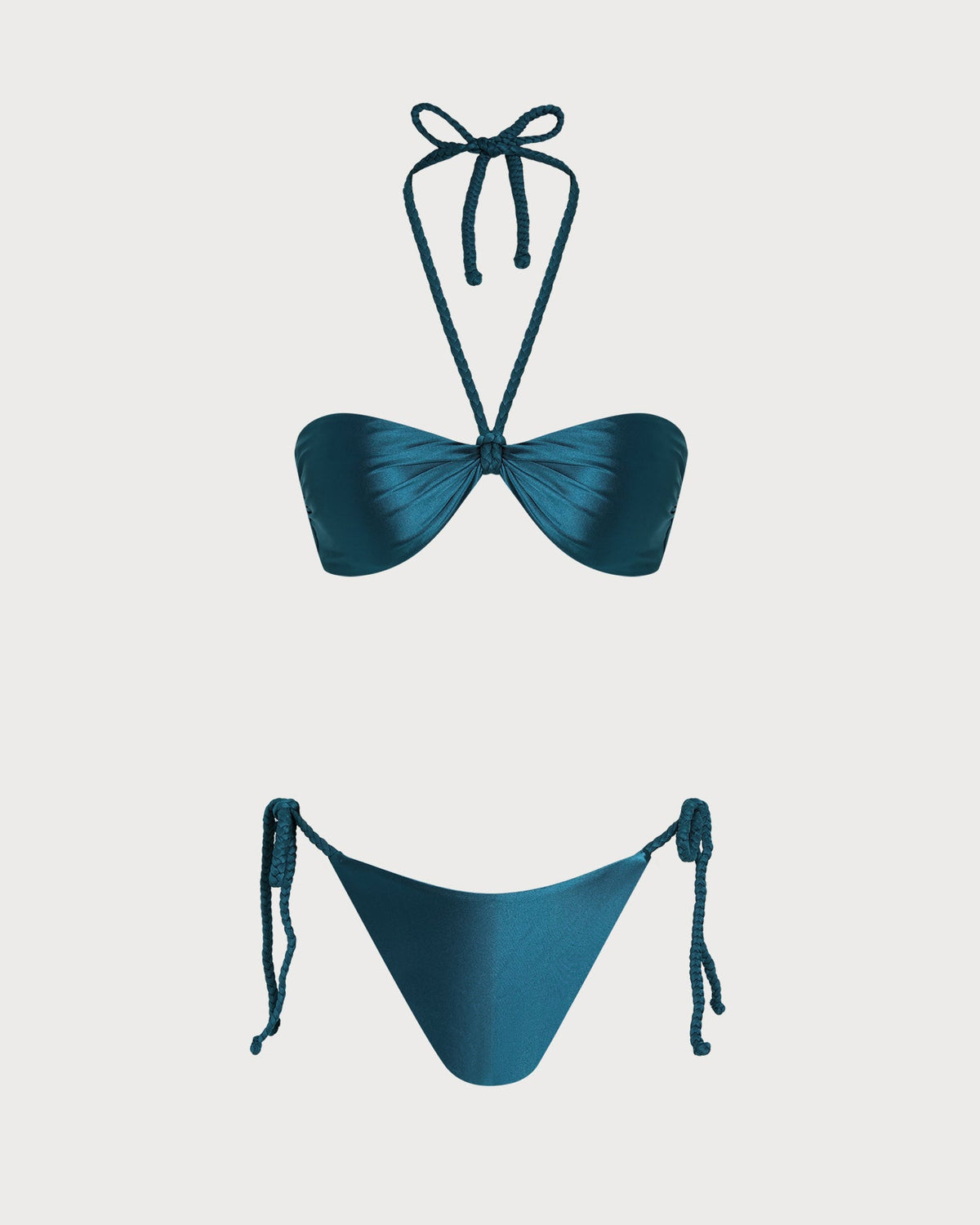 Elegante conjunto de bikini triangular verde liso con cuello halter