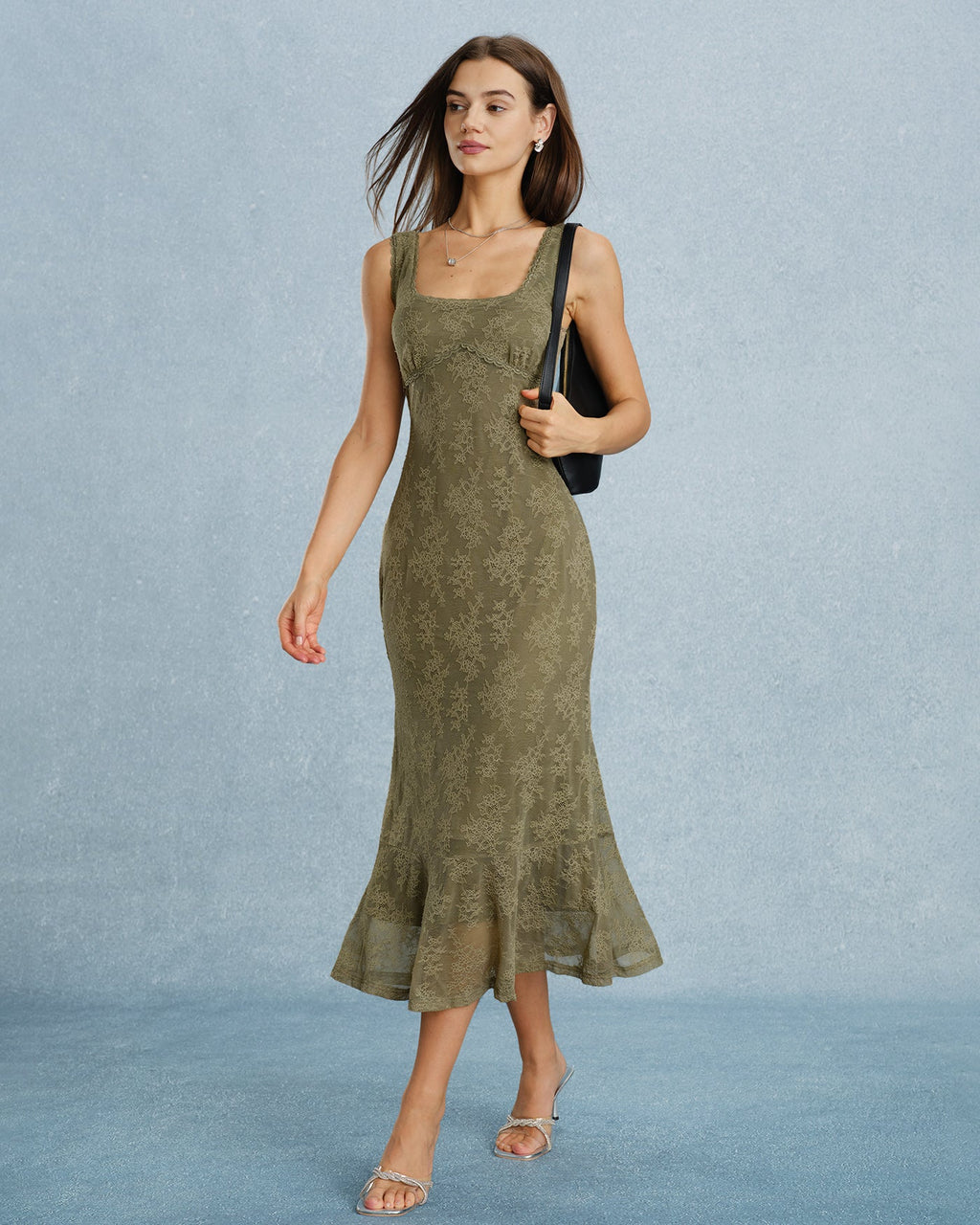 Vestido elegante verde de encaje floral
